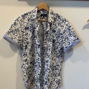 Men's Short-Sleeve Floral Button-Down Shirt - Blue on White